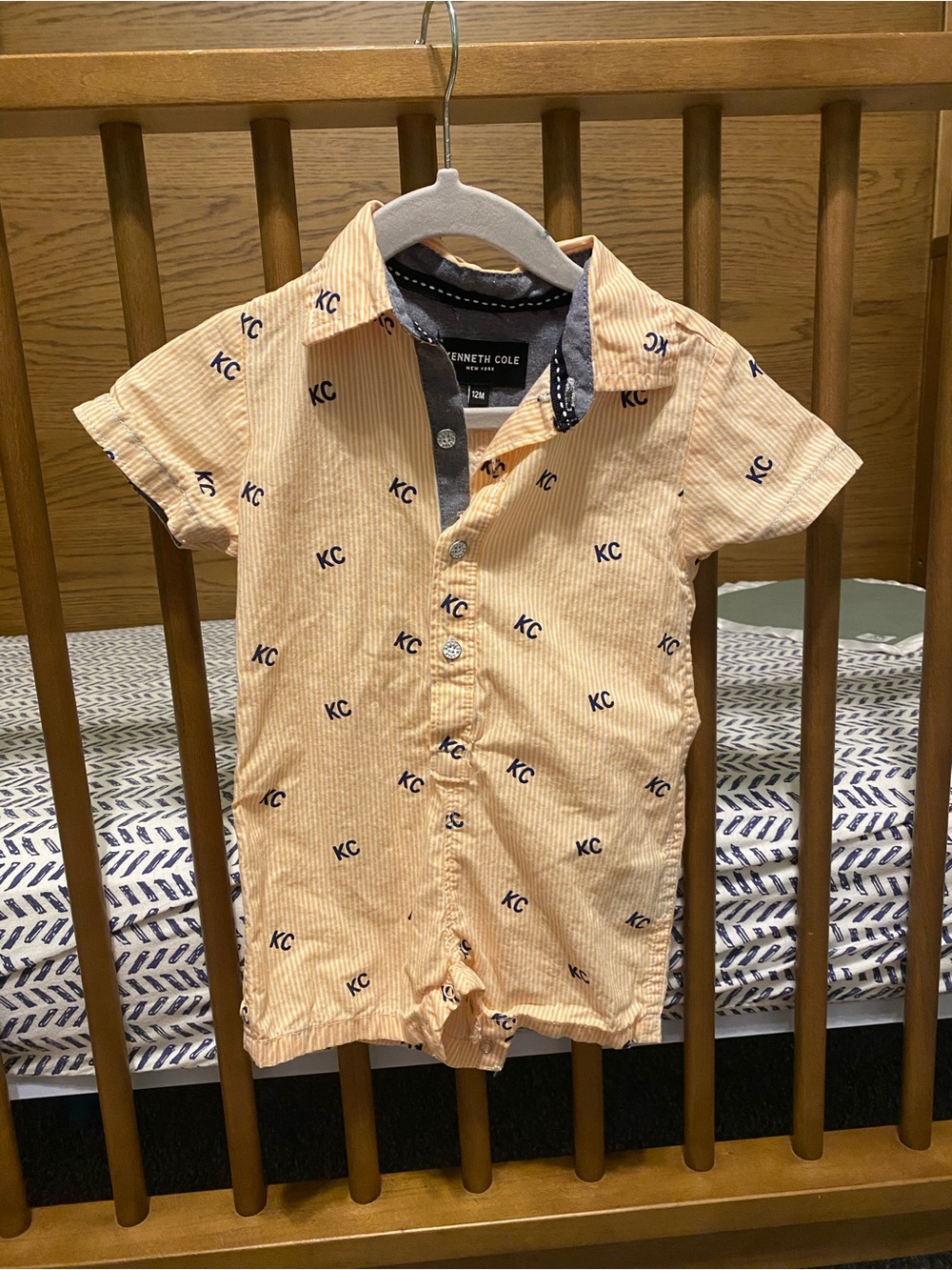 Kenneth Cole Kids Peach Short-Sleeve Button-Down Romper with Navy KC Print